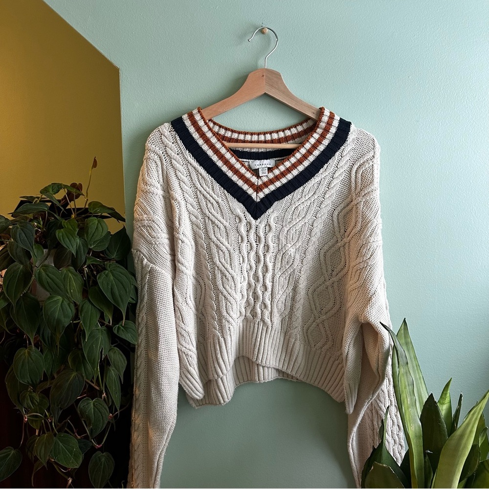 Topshop Cream and Navy V-Neck Sweater